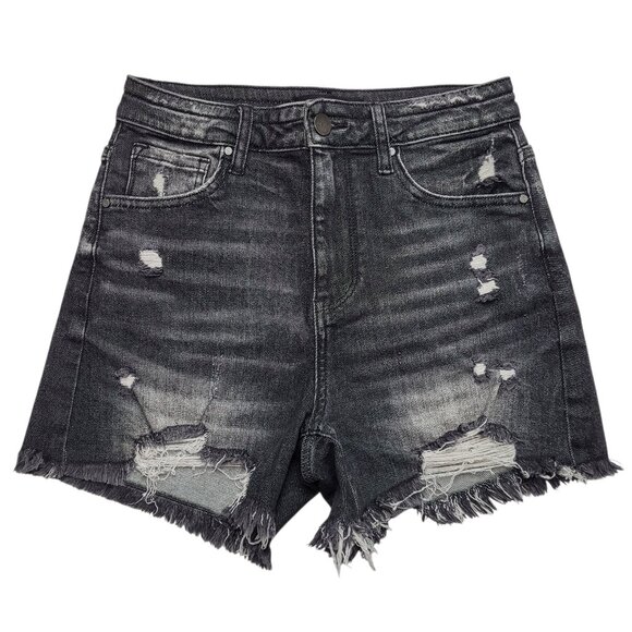 Risen Jeans Pants - Risen High Rise Distressed Black Denim Shorts Raw Hem Cutoff Small